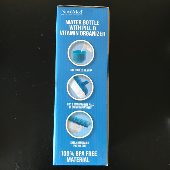 BLUE NUVOMED WATER BOTTLE WITH PILL AND VITAMIN ORGANIZER, BRAND NEW IN BOX - Picture 4 of 4